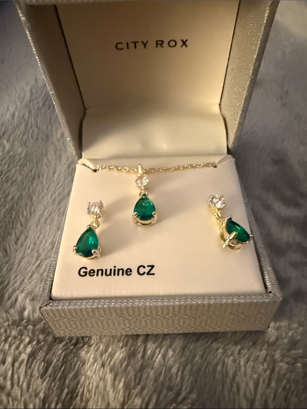 Gold-Tone Necklace with Green Teardrop CZ Pendant